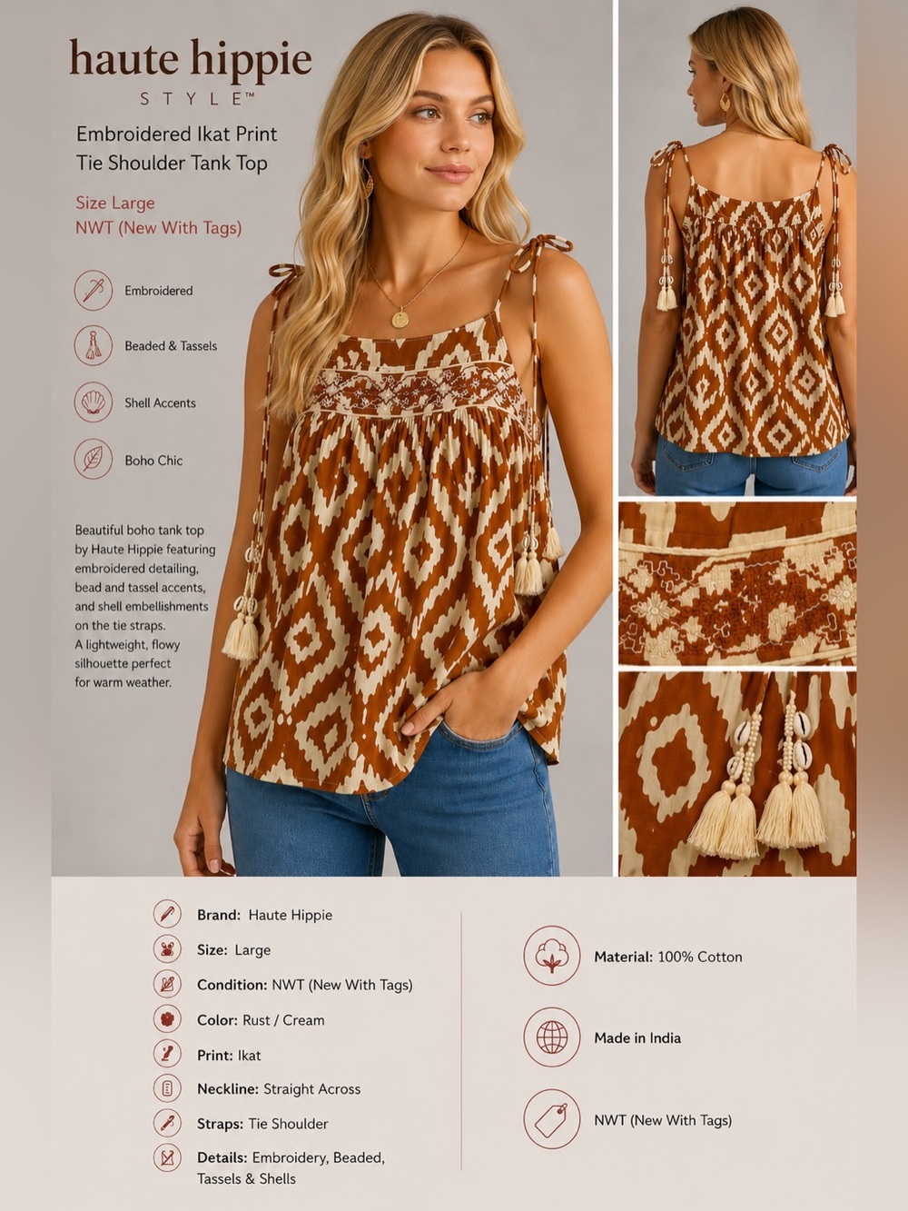 Haute Hippie Style Embroidered Ikat Tie Shoulder Tank Top NWT Size Large